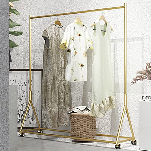 HOMEKAYT Gold Clothing Rack with Shelf Heavy Duty Garment Rack Modern Display Rack for Home, Boutique, Retail (Iron) (59’’L on Wheels)