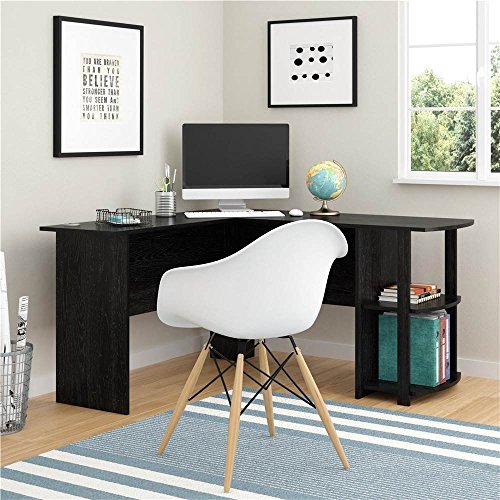 Anshunyin L-Shaped Wood Right-Angle Computer Desk with Two-Layer Bookshelves Modern Office Desk with Storage Shelves, Sturdy Writing Table Workstation for Home Office Black