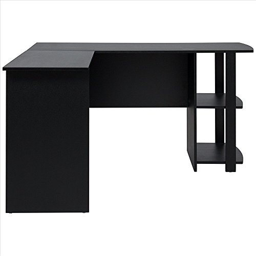 Anshunyin L-Shaped Wood Right-Angle Computer Desk with Two-Layer Bookshelves Modern Office Desk with Storage Shelves, Sturdy Writing Table Workstation for Home Office Black