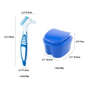 4 pcs false teeth container, denture base holder box, soaking denture bath with strainer basket & denture brush for travel overnight denture cleaning case（blue green）
