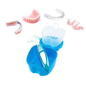 4 Pcs False Teeth Container, Denture Base Holder Box, Soaking Denture Bath with Strainer Basket & Denture Brush for Travel Overnight Denture Cleaning Case（Blue Green）