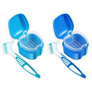 4 Pcs False Teeth Container, Denture Base Holder Box, Soaking Denture Bath with Strainer Basket & Denture Brush for Travel Overnight Denture Cleaning Case（Blue Green）