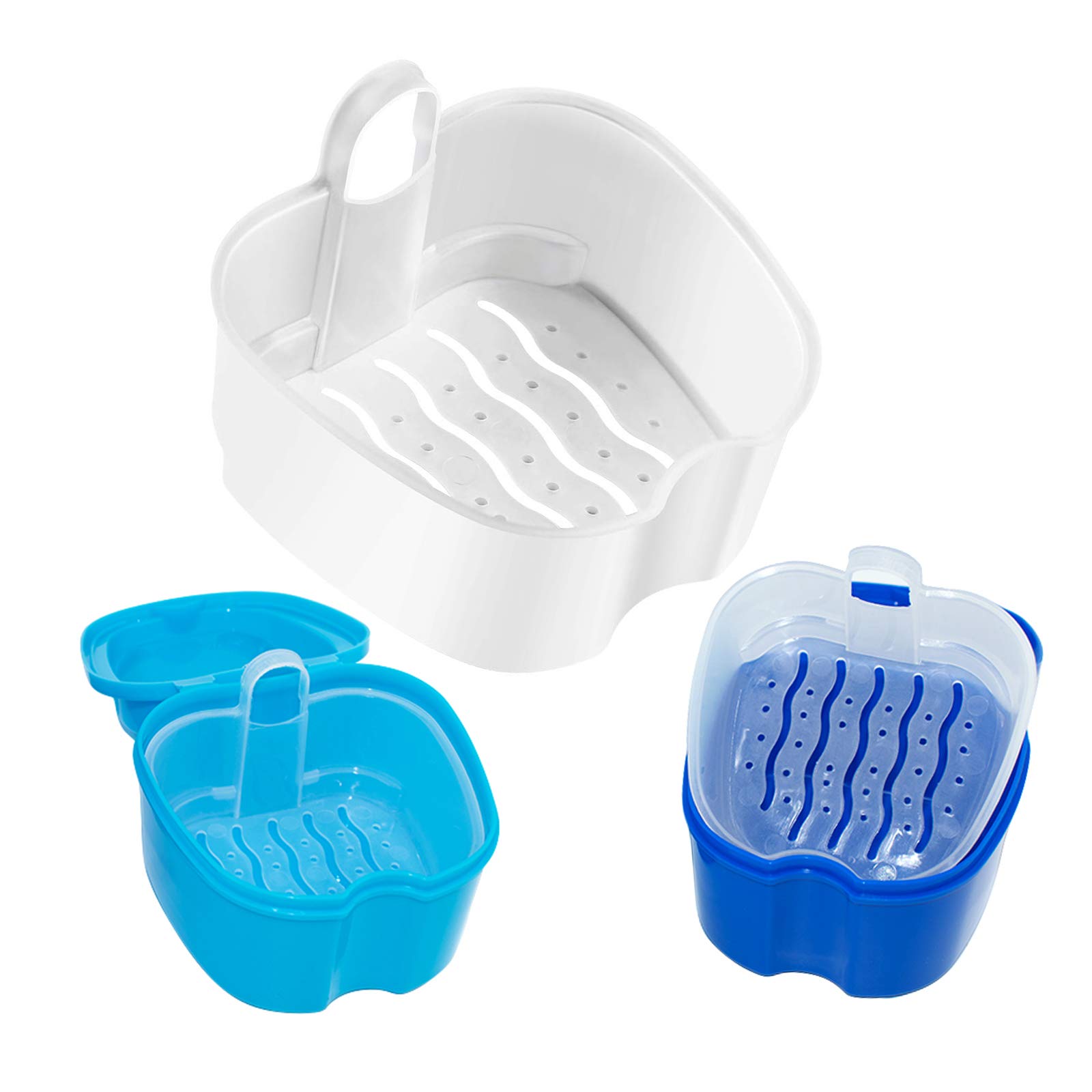 4 Pcs False Teeth Container, Denture Base Holder Box, Soaking Denture Bath with Strainer Basket & Denture Brush for Travel Overnight Denture Cleaning Case（Blue Green）