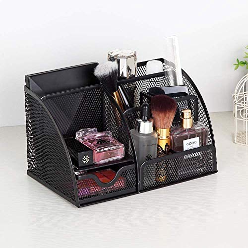 GCOCL Desk Organizer with 7 Compartments, Metal Desktop Organizers Storage with Removable Drawer and Dividers, Black