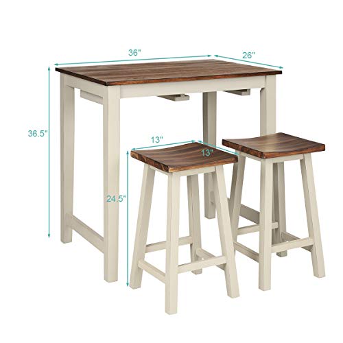 Giantex 3 Piece Pub Dining Set, Counter Height Pub Table with 2 Saddle Bar Stools, Tavern Collection Table Set for Living Room, Kitchen, Small Space (Brown & Milky White)