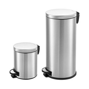 QUALIAZERO Set Heavy Duty Hands-Free Stainless Steel Kitchen/Bath Step Trash Can, Fingerprint-Resistant Soft Close Lid Trashcan, 8Gal & 1.3Gal, Round, Combo