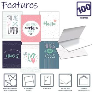 Thinking of You Hello Greeting Cards, Friendship Cards, 100-Pack, 4 x 6 inch, 6 Fun Modern Cover Designs, Blank Inside, by Better Office Products, Encouragement Appreciation Note Cards, with Envelopes