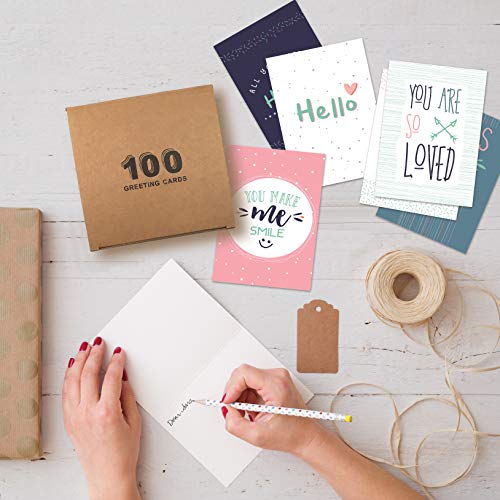 Thinking of You Hello Greeting Cards, Friendship Cards, 100-Pack, 4 x 6 inch, 6 Fun Modern Cover Designs, Blank Inside, by Better Office Products, Encouragement Appreciation Note Cards, with Envelopes