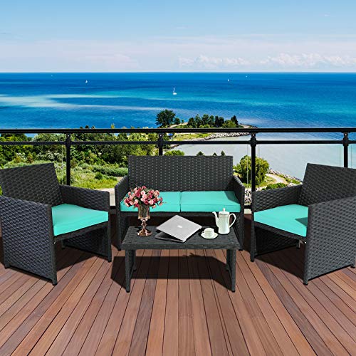 Valita 4-Piece Wicker Furniture Set Outdoor Patio Rattan Conversation Sofa & Armchair with Table Turquoise Cushion