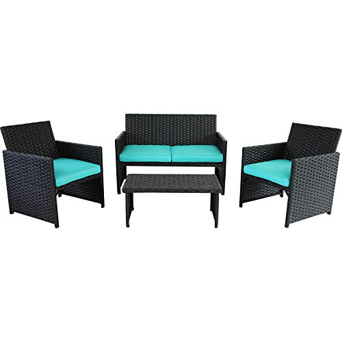 Valita 4-Piece Wicker Furniture Set Outdoor Patio Rattan Conversation Sofa & Armchair with Table Turquoise Cushion