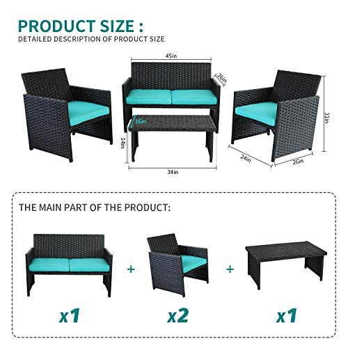 Valita 4-Piece Wicker Furniture Set Outdoor Patio Rattan Conversation Sofa & Armchair with Table Turquoise Cushion