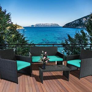 Valita 4-Piece Wicker Furniture Set Outdoor Patio Rattan Conversation Sofa & Armchair with Table Turquoise Cushion