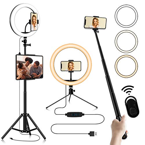 Ring Light with 76.7" Extendable Tripod Stand and 2-in-1Phone/Tablet Tripod, 12-inch Selfie Ring Light Full Kit, Dimmable Desk Makeup Circle Led Ring Light for TikTok, 3 Modes 10 Brightness Levels