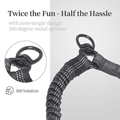 iYoPets Double Dog Leash with Two Extra Traffic Handles, 360 Swivel No Tangle Dual Dog Walking Leash, Comfortable Shock Absorbing Reflective Bungee for Two Dogs (18~120 lbs, Black)