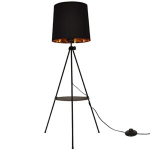 Elegant Decorative Bedroom Living Room Tripod Floor Lamp, Modern Contemporary Nautical Minimalist Japanese Lampshade Desk Corner Adjustable Standing light for reading Office with Table Shelf (Black)