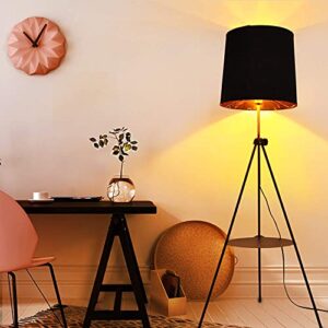 Elegant Decorative Bedroom Living Room Tripod Floor Lamp, Modern Contemporary Nautical Minimalist Japanese Lampshade Desk Corner Adjustable Standing light for reading Office with Table Shelf (Black)