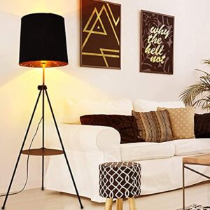 Elegant Decorative Bedroom Living Room Tripod Floor Lamp, Modern Contemporary Nautical Minimalist Japanese Lampshade Desk Corner Adjustable Standing light for reading Office with Table Shelf (Black)