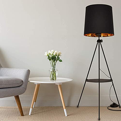 Elegant Decorative Bedroom Living Room Tripod Floor Lamp, Modern Contemporary Nautical Minimalist Japanese Lampshade Desk Corner Adjustable Standing light for reading Office with Table Shelf (Black)