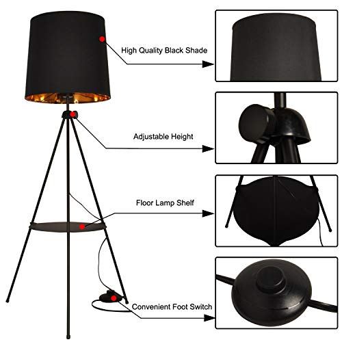 Elegant Decorative Bedroom Living Room Tripod Floor Lamp, Modern Contemporary Nautical Minimalist Japanese Lampshade Desk Corner Adjustable Standing light for reading Office with Table Shelf (Black)