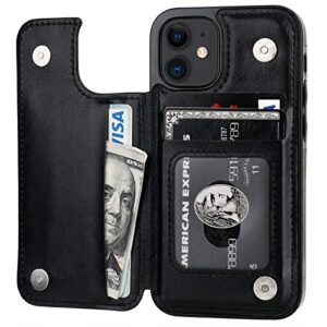 onetop compatible with iphone 12 mini wallet case with card holder, pu leather kickstand card slots case, double magnetic clasp and durable shockproof cover 5.4 inch(black)