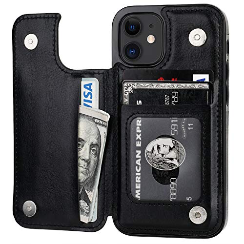 ONETOP Compatible with iPhone 12 Mini Wallet Case with Card Holder, PU Leather Kickstand Card Slots Case, Double Magnetic Clasp and Durable Shockproof Cover 5.4 Inch(Black)