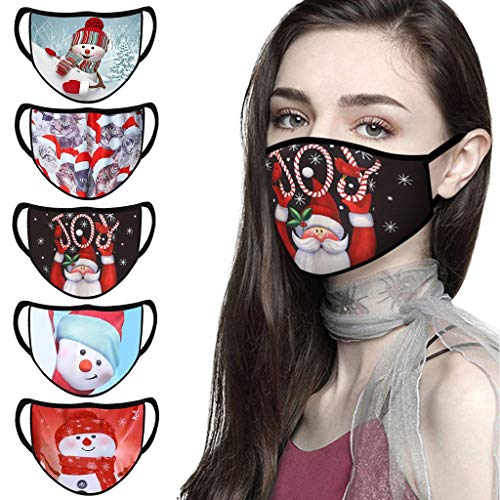 Missli 【USA Stock 5Pcs Unisex Face_Mask, Washable Reusable Cloth Face Covering, Fashion Protective Mouth Covering for Outdoor Activities, Christmas Santa Snowman Printed