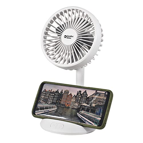 Comfort Zone CZPF401WT 4” Rechargeable Fan with Wireless Charger - USB Chargeable Lithium Battery, Adjustable Tilt - Powerful & Portable, Cooling & Charging, White