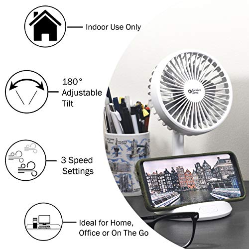 Comfort Zone CZPF401WT 4” Rechargeable Fan with Wireless Charger - USB Chargeable Lithium Battery, Adjustable Tilt - Powerful & Portable, Cooling & Charging, White