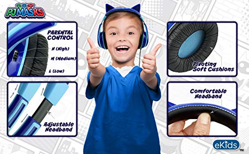 PJ Masks Catboy Kids Headphones, Adjustable Headband, Stereo Sound, 3.5Mm Jack, Wired Headphones for Kids, Tangle-Free, Volume Control, Childrens Headphones Over Ear for School Home, Travel