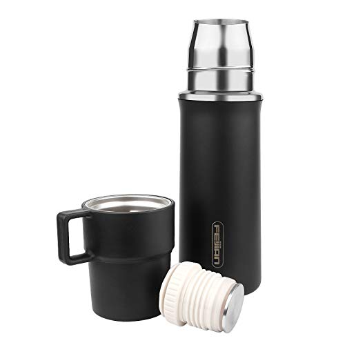 FEIJIAN Coffee Thermos with Cup,21 OZ Stainless Steel Water Bottle, Vacuum Insulated Water Bottle, Thermos for Hot Drinks/Cold Drinks, Leakproof Build-in Lid Cup Integrated Handle, Black