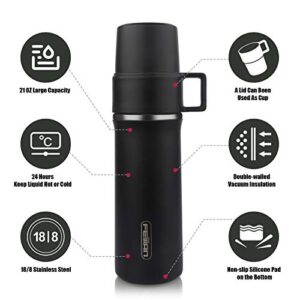 FEIJIAN Coffee Thermos with Cup,21 OZ Stainless Steel Water Bottle, Vacuum Insulated Water Bottle, Thermos for Hot Drinks/Cold Drinks, Leakproof Build-in Lid Cup Integrated Handle, Black