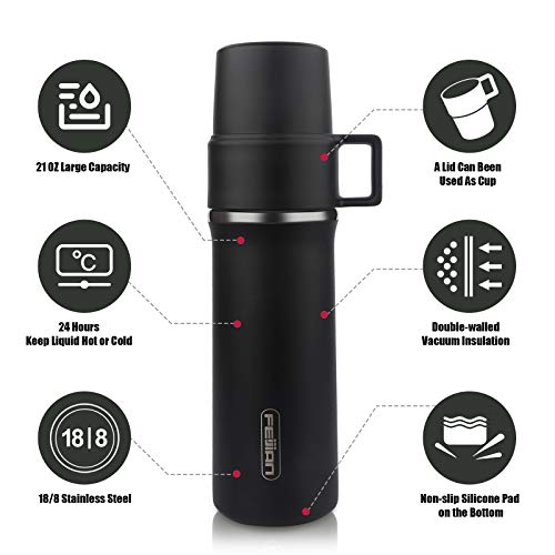 FEIJIAN Coffee Thermos with Cup,21 OZ Stainless Steel Water Bottle, Vacuum Insulated Water Bottle, Thermos for Hot Drinks/Cold Drinks, Leakproof Build-in Lid Cup Integrated Handle, Black