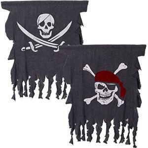 2 pieces halloween pirate flag 3 x 2.5 feet jolly roger flag weathered pirate flag retro pirate creepy ragged flag skull bones pirate banner for halloween decorations, pirate party, kids room decor
