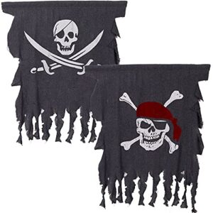 2 Pieces Halloween Pirate Flag 3 x 2.5 Feet Jolly Roger Flag Weathered Pirate Flag Retro Pirate Creepy Ragged Flag Skull Bones Pirate Banner for Halloween Decorations, Pirate Party, Kids Room Decor