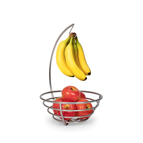 Spectrum Diversified Euro Small Tree & Basket Hanger & Fruit Basket, Produce Saver Banana Holder & Open Wire Fruit Bowl for Kitchen Counter & Dining Table, Satin Nickel