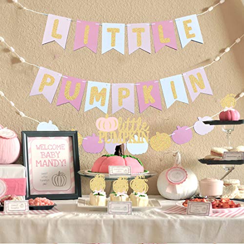 HEETON Little Pumpkin Banner Pink Girl Pumpkin Cake Topper Fall Baby Shower Birthday Halloween Thanksgiving Pumpkin Party Decorations Supplies Photo Booth Props