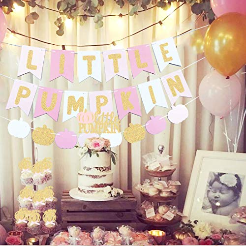 HEETON Little Pumpkin Banner Pink Girl Pumpkin Cake Topper Fall Baby Shower Birthday Halloween Thanksgiving Pumpkin Party Decorations Supplies Photo Booth Props