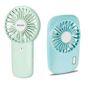 aluan handheld fan 2 pack mini powerful small fan for kids women men indoor outdoor travel cooling with lanyard, green+blue