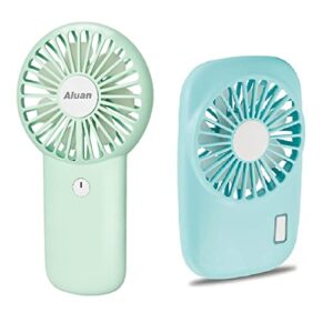 Aluan Handheld Fan 2 pack Mini Powerful Small Fan for Kids Women Men Indoor Outdoor Travel Cooling with Lanyard, Green+Blue