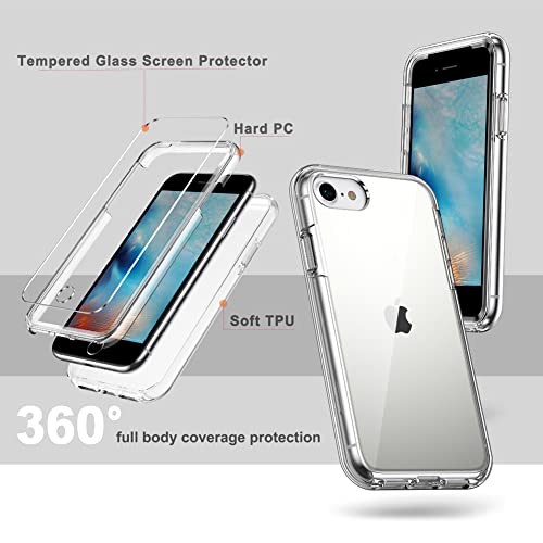 COOLQO Compatible for iPhone SE 2022/2020 Case 4.7 Inch, with [2 x Tempered Glass Screen Protector] Clear 360 Full Body Coverage Hard PC+Soft Silicone TPU 3in1 Protective Shockproof Phone Cover