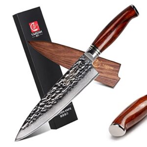 yarenh chef knife 8 inch with wood sheath, japanese damascus high carbon stainless steel, full tang sandalwood handle, professional kitchen knife