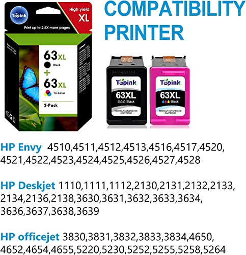 63XL Ink Cartridges Combo Pack Replacement for HP 63 XL Ink TOPINK for Officejet 3830 4650 4652 4655 5200 5255 Envy 4520 4512 Deskjet 1112 2130 2132 3630Printer(1 Black, 1 Tri-Color)