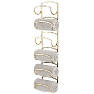 mdesign steel towel holder for bathroom wall - wall mounted organizer for rolled towels and bath robes - six level wall mount towel storage rack - bathroom towel organizer, hyde collection, soft brass