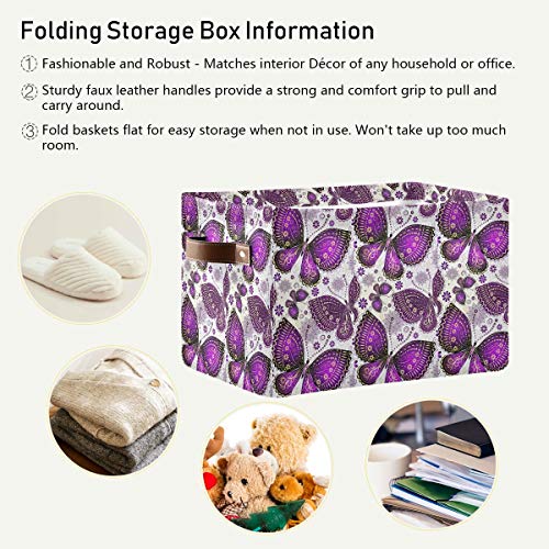 Nander Large Foldable Storage Bin Square Waterproof Storage Basket Cube with PU Handles for Organizing Nursery Home Closet & Office - Purple Butterfly, 2 Pack