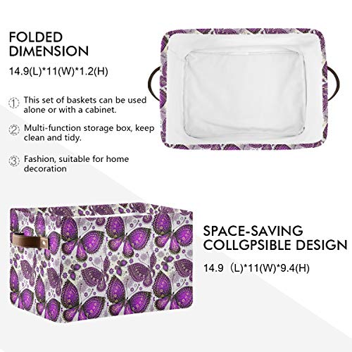 Nander Large Foldable Storage Bin Square Waterproof Storage Basket Cube with PU Handles for Organizing Nursery Home Closet & Office - Purple Butterfly, 2 Pack