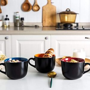 GBHOME Jumbo Soup Mugs with Handles, 24 Oz Large Coffee Mugs Set of 4, Ceramic Soup bowls for Coffee,Cereal,Snacks,Salad,Noodles etc Soup Cups,Microwave&Dishwasher safe-Matte Black, Colorful Inside