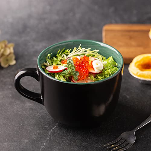 GBHOME Jumbo Soup Mugs with Handles, 24 Oz Large Coffee Mugs Set of 4, Ceramic Soup bowls for Coffee,Cereal,Snacks,Salad,Noodles etc Soup Cups,Microwave&Dishwasher safe-Matte Black, Colorful Inside