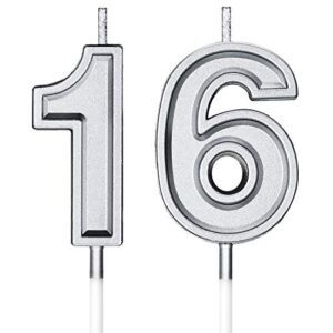 16th birthday candles cake numeral candles happy birthday cake candles topper decoration for birthday wedding anniversary celebration supplies (silver)