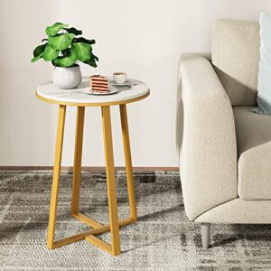 Dorriss Round End Tables, Small End Table White Marble Texture MDF Top,Metal Frame Gold Color, Tall End Table for Bed Room,Coffee Tea End Table for Living Room (White Marble+Gold)