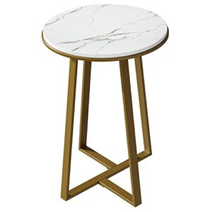 Dorriss Round End Tables, Small End Table White Marble Texture MDF Top,Metal Frame Gold Color, Tall End Table for Bed Room,Coffee Tea End Table for Living Room (White Marble+Gold)